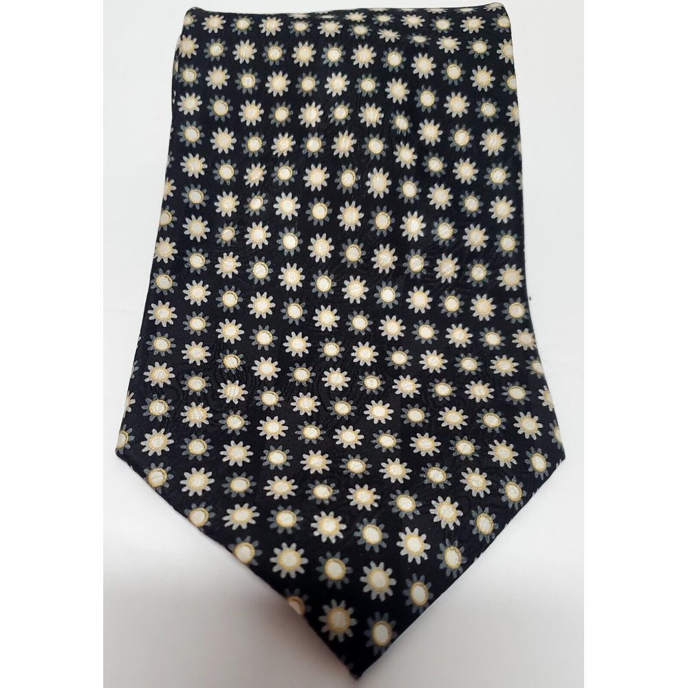 Ottimo Uomo Necktie Hand Made Korea 100% Silk Black Floral Suns w/ Gold Metallic